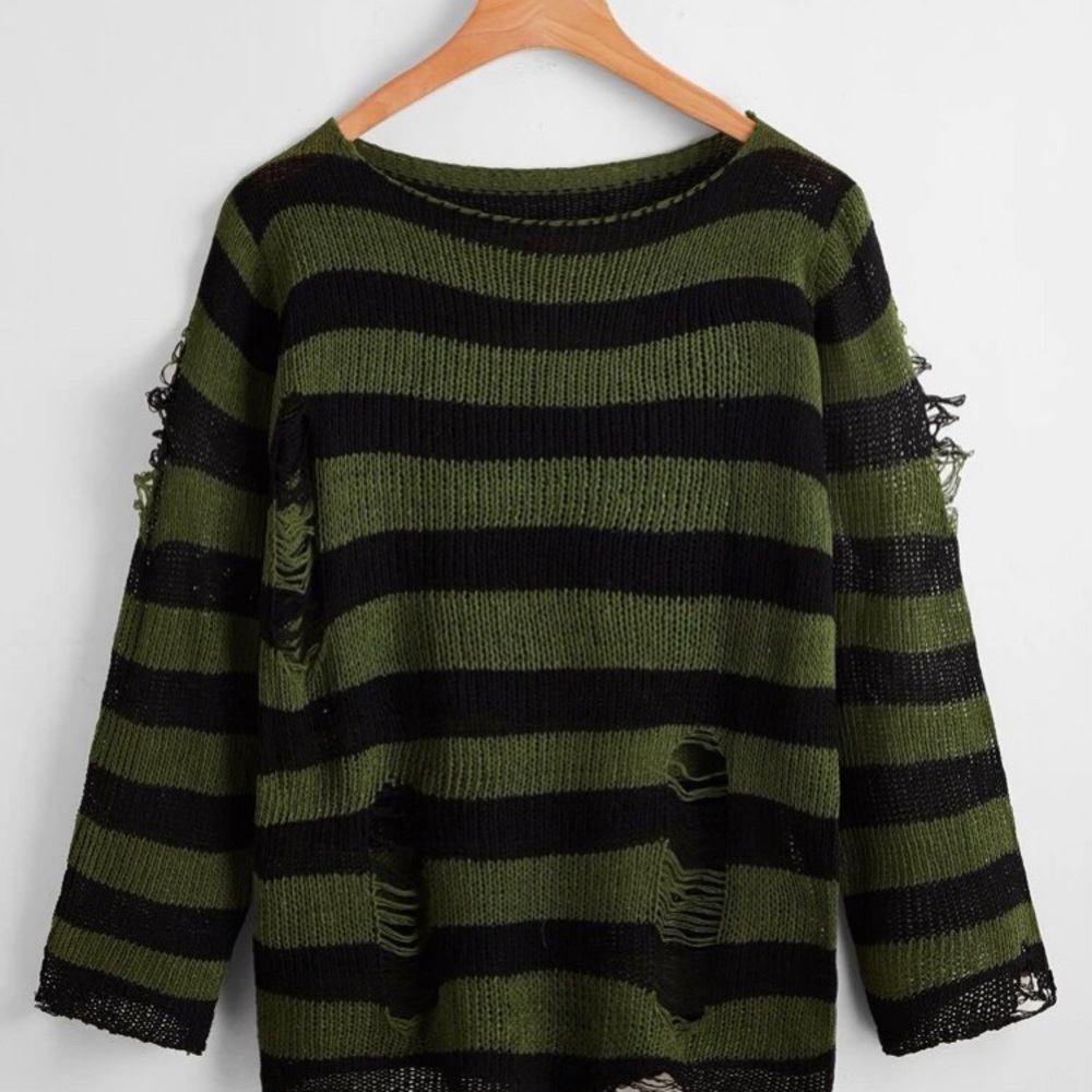 Emo Ripped sweater Y2K vintage fairycore gothic grunge black and green stripes